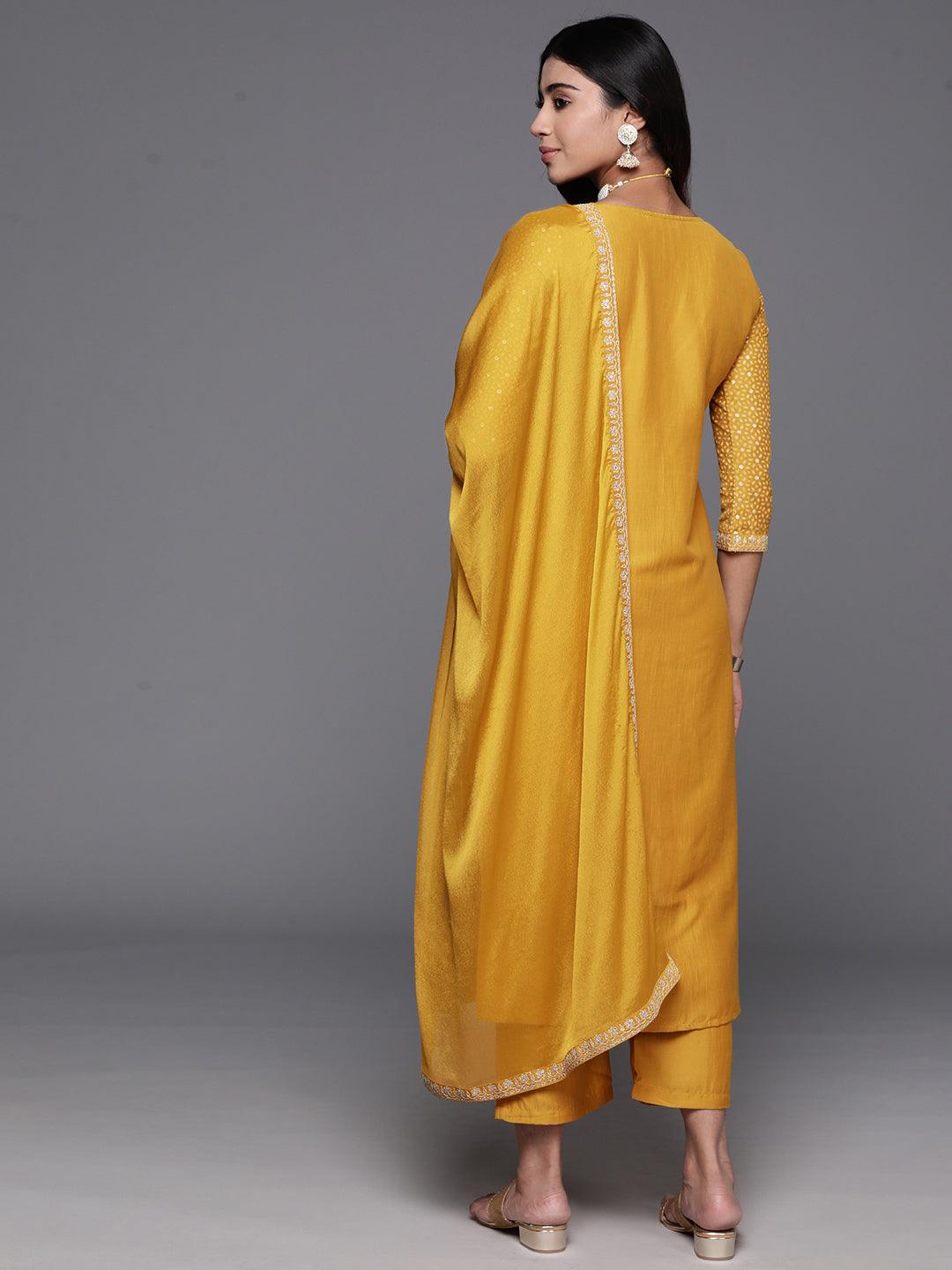 Mustard Yoke Design Silk Blend Straight Kurta With Trousers & Dupatta - Libas