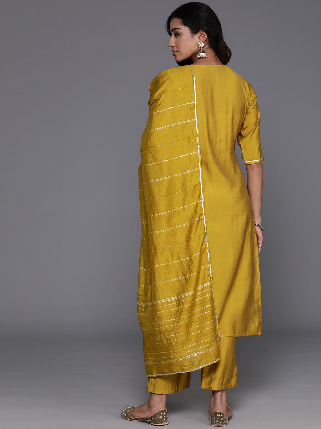 Mustard Yoke Design Silk Blend Straight Kurta With Trousers & Dupatta - Libas 