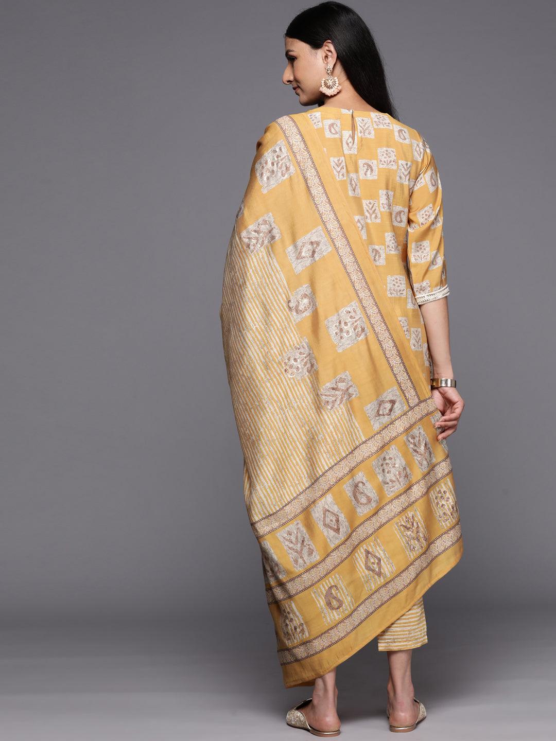 Mustard Yoke Design Silk Blend Straight Suit Set With Trousers - Libas