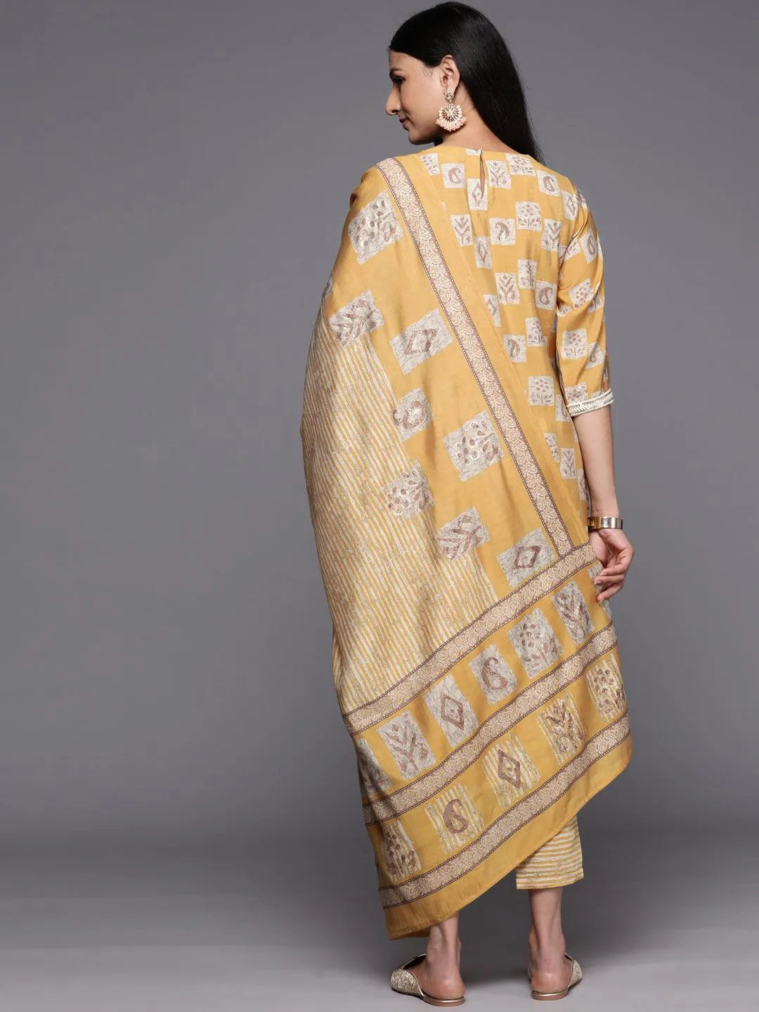 

Mustard Yoke Design Silk Blend Straight Kurta With Trousers & Dupatta