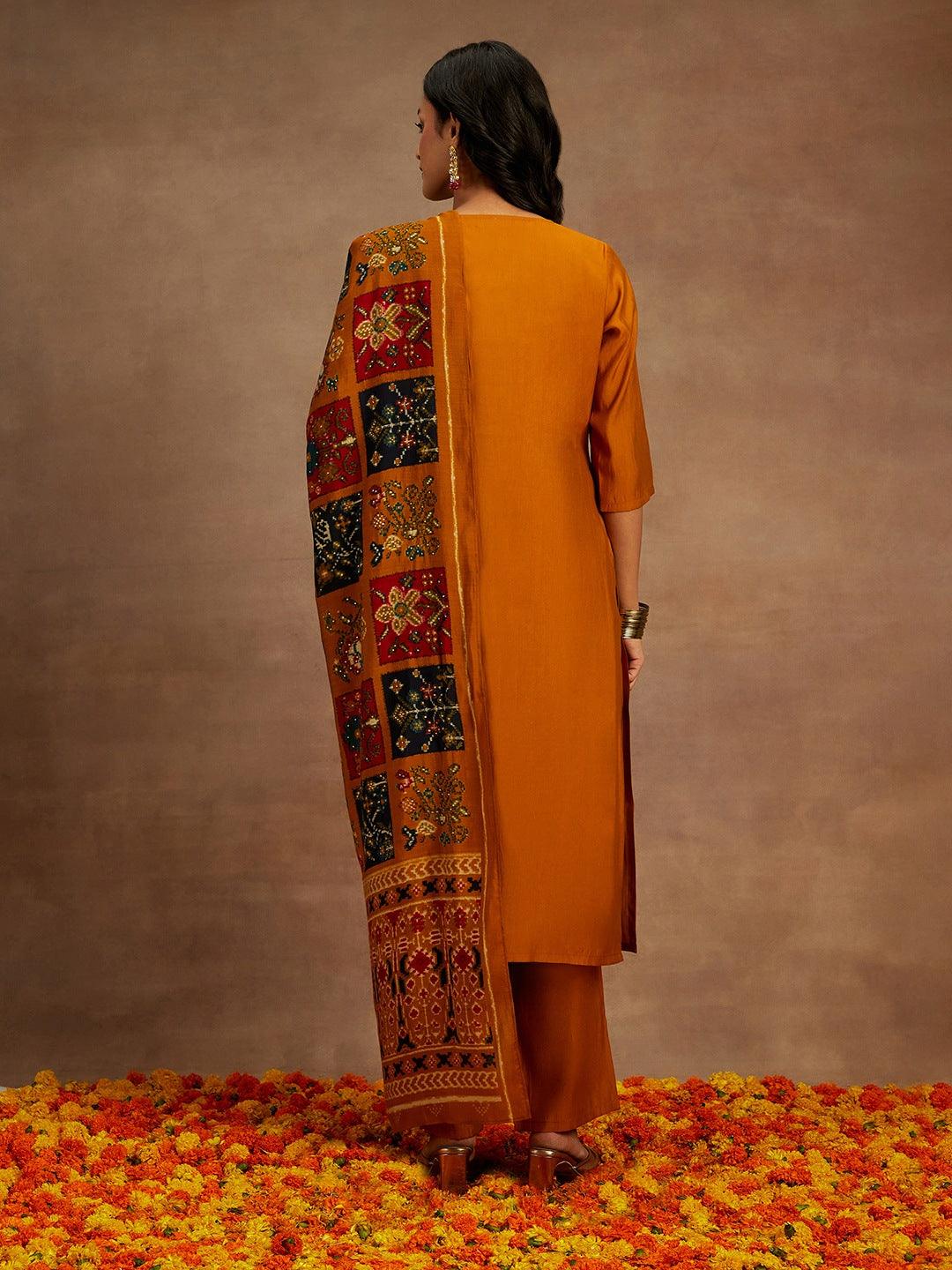 Mustard Yoke Design Silk Blend Straight Kurta With Trousers & Dupatta - Libas