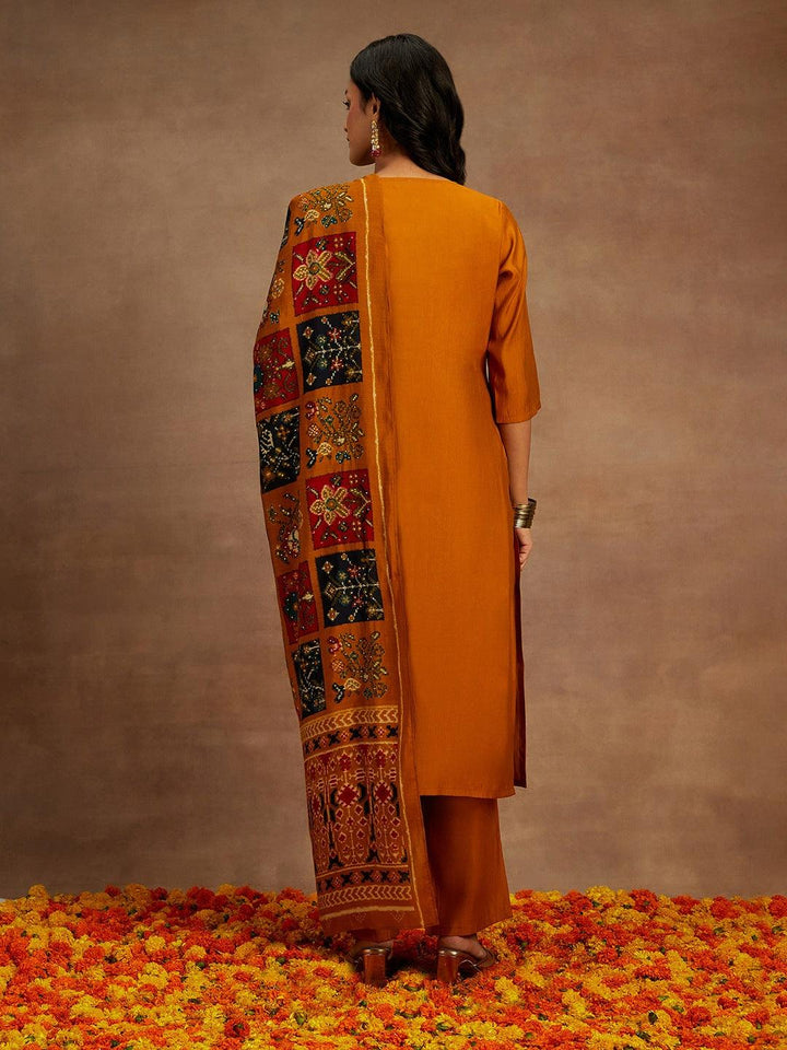 Mustard Yoke Design Silk Blend Straight Kurta With Trousers & Dupatta - Libas