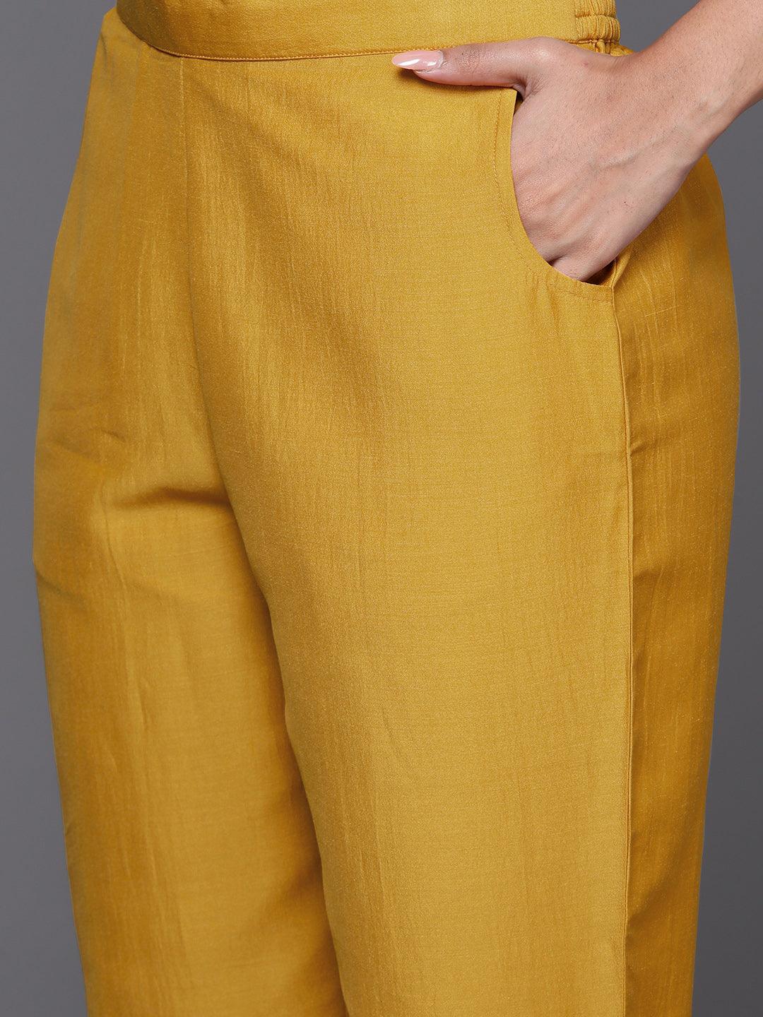 Mustard Yoke Design Silk Blend Straight Kurta With Trousers & Dupatta - Libas