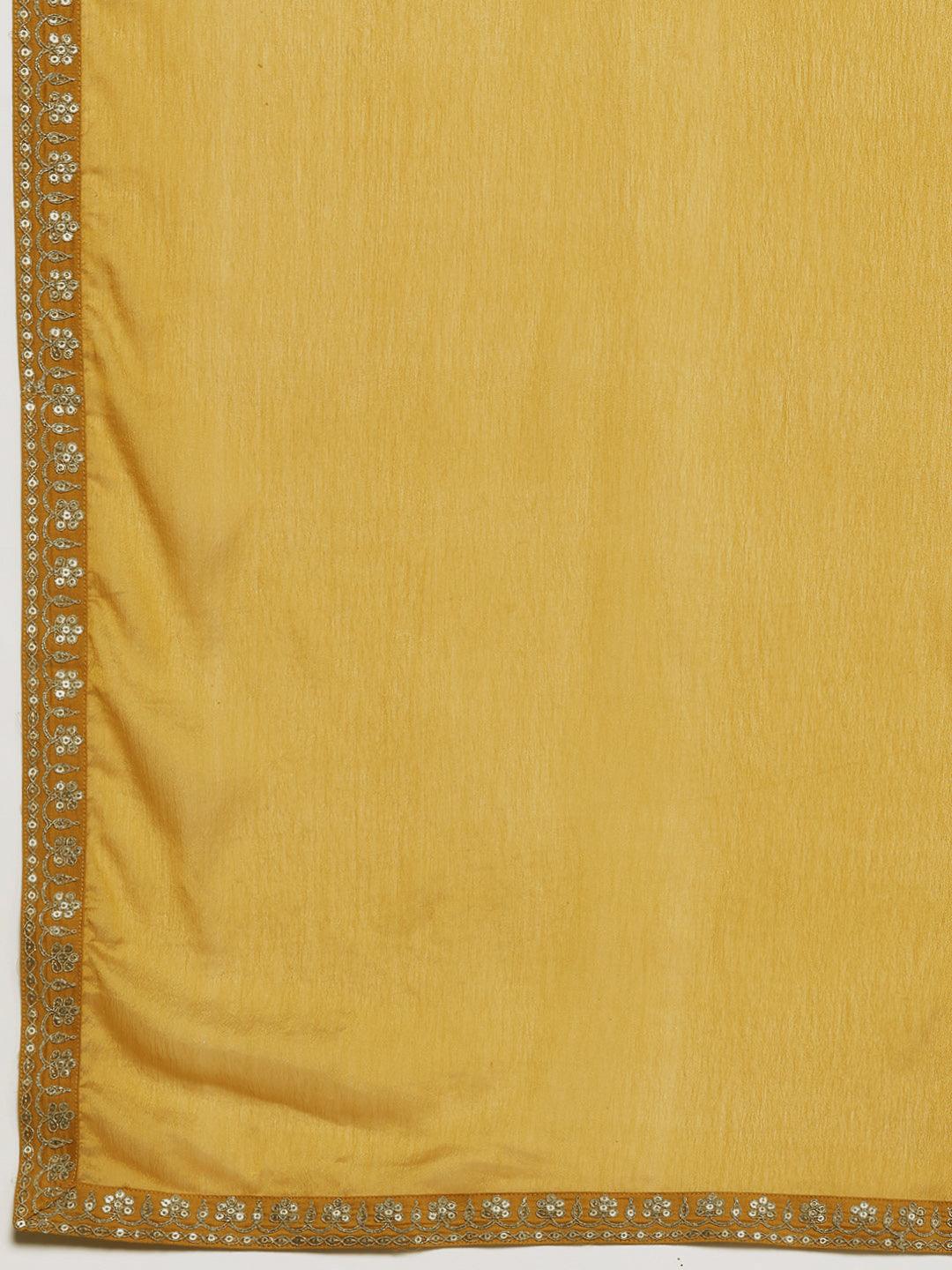 Mustard Yoke Design Silk Blend Straight Kurta With Trousers & Dupatta - Libas