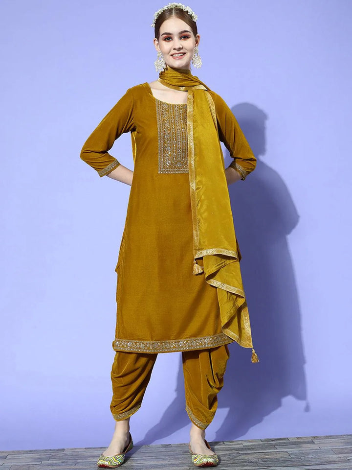 Mustard Yoke Design Velvet Straight Suit Set - Libas