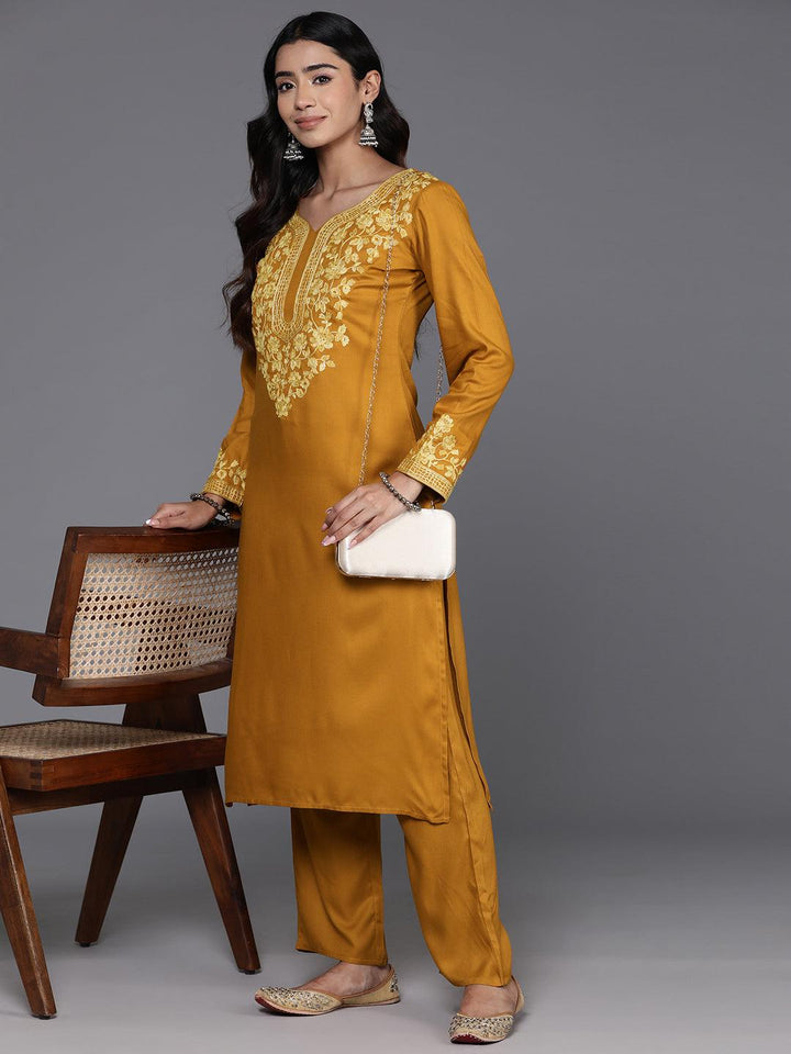 Mustard Yoke Design Wool Blend Straight Kurta With Palazzos - Libas