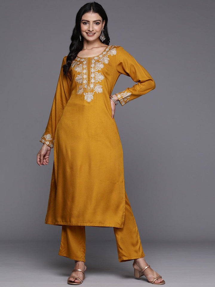 Mustard Yoke Design Wool Blend Straight Kurta With Palazzos - Libas