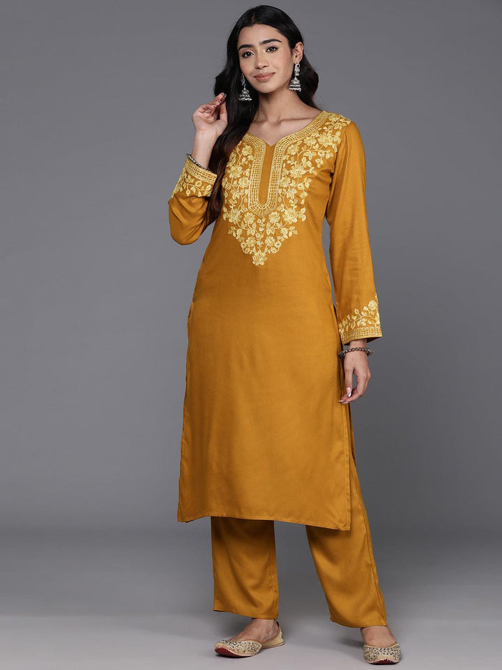 Mustard Yoke Design Wool Blend Straight Kurta With Palazzos - Libas