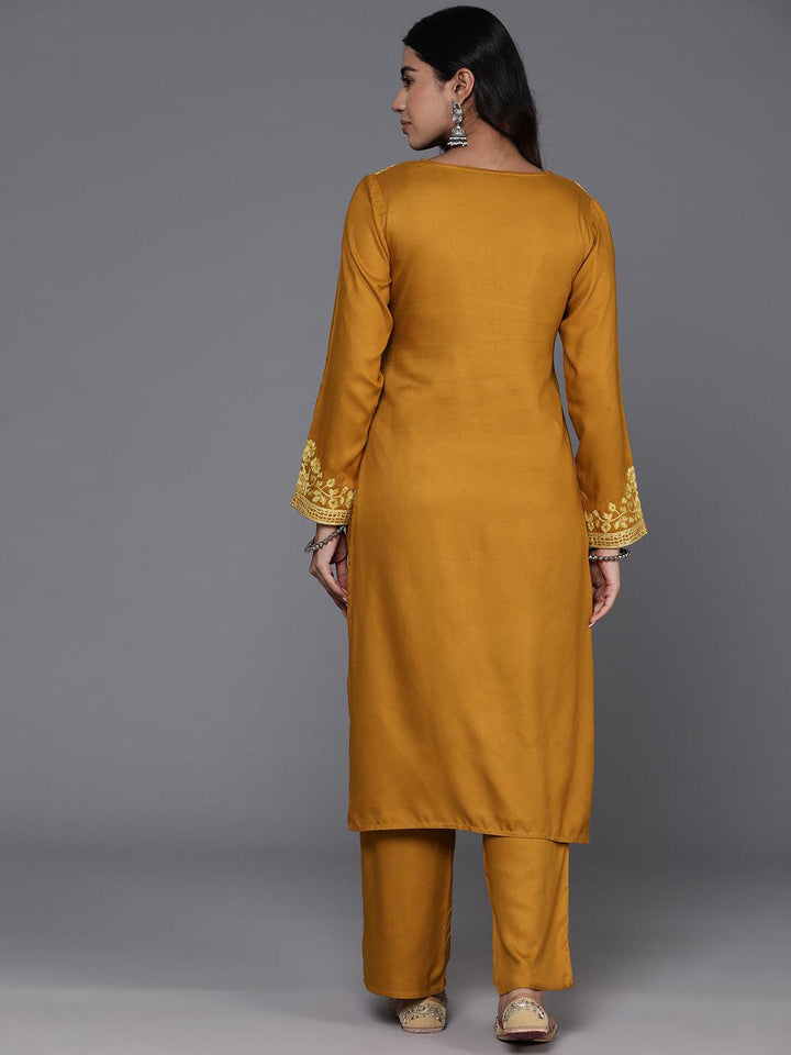 Mustard Yoke Design Wool Blend Straight Kurta With Palazzos - Libas