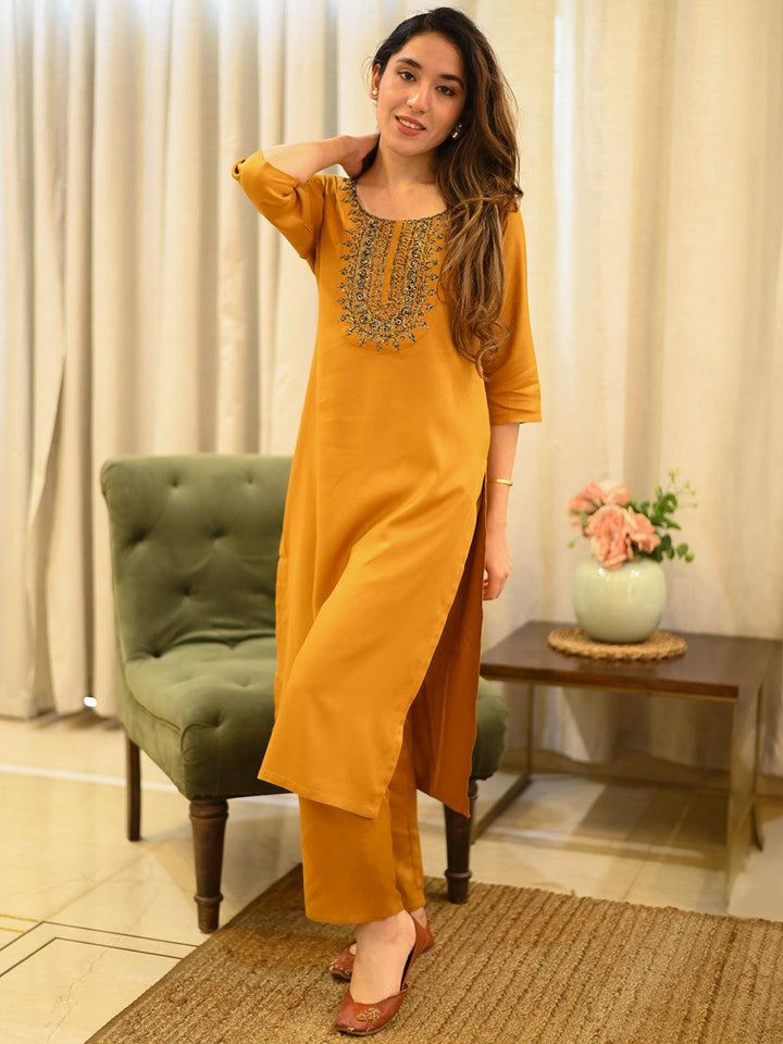 Mustard Yoke Design Wool Blend Straight Kurta With Trousers - Libas