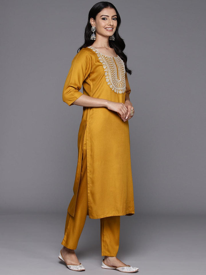 Mustard Yoke Design Wool Blend Straight Kurta With Trousers - Libas