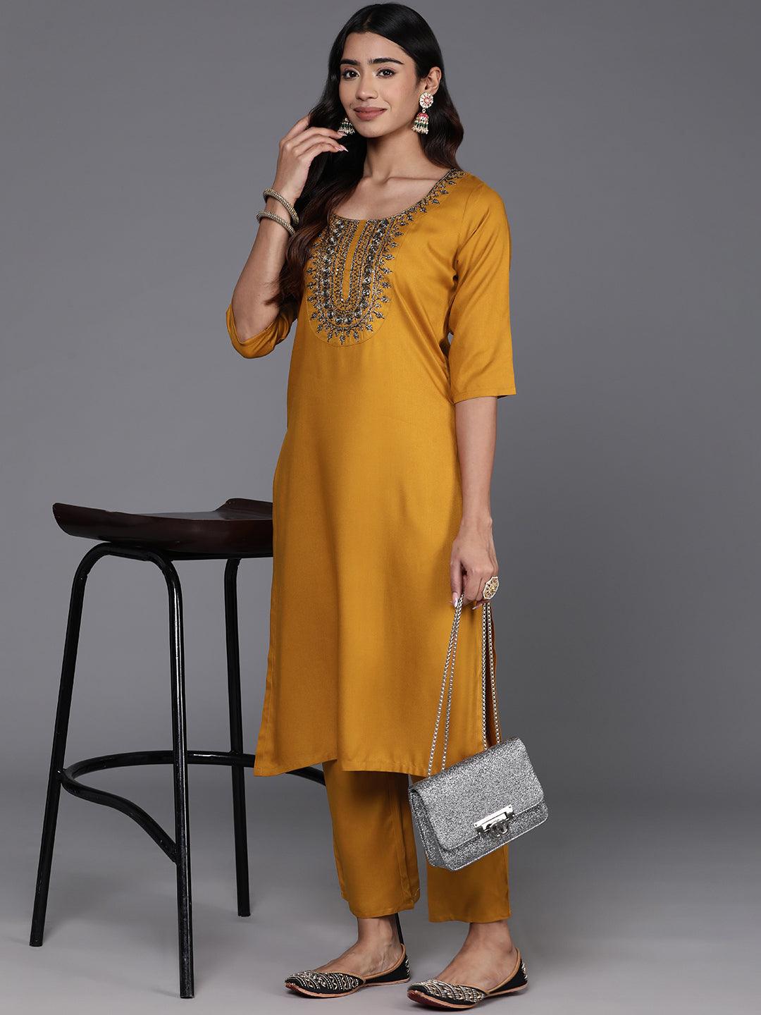 Mustard Yoke Design Wool Blend Straight Kurta With Trousers - Libas