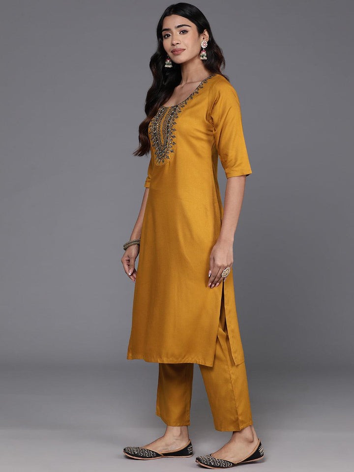 Mustard Yoke Design Wool Blend Straight Kurta With Trousers - Libas