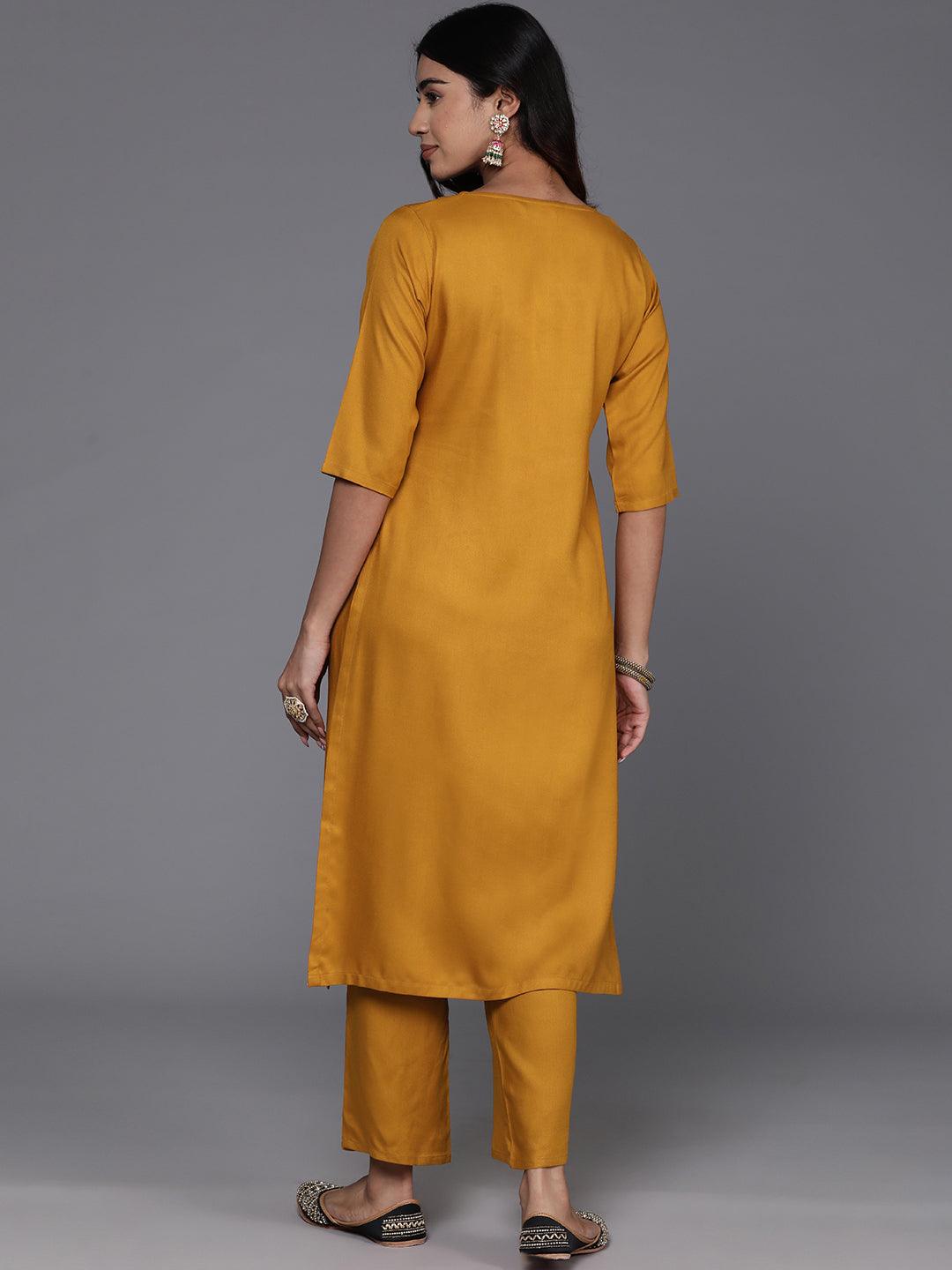 Mustard Yoke Design Wool Blend Straight Kurta With Trousers - Libas