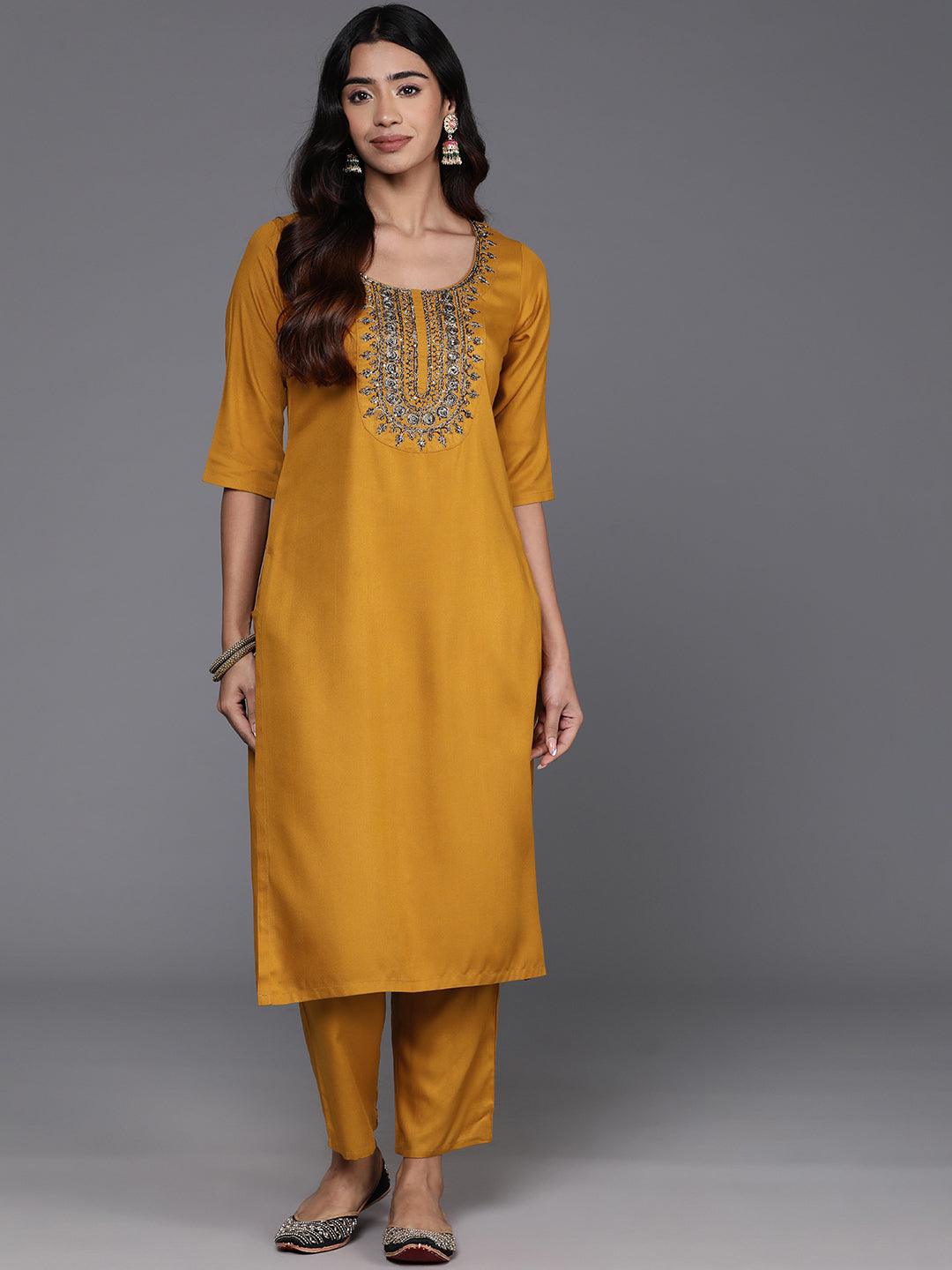 Mustard Yoke Design Wool Blend Straight Kurta With Trousers - Libas