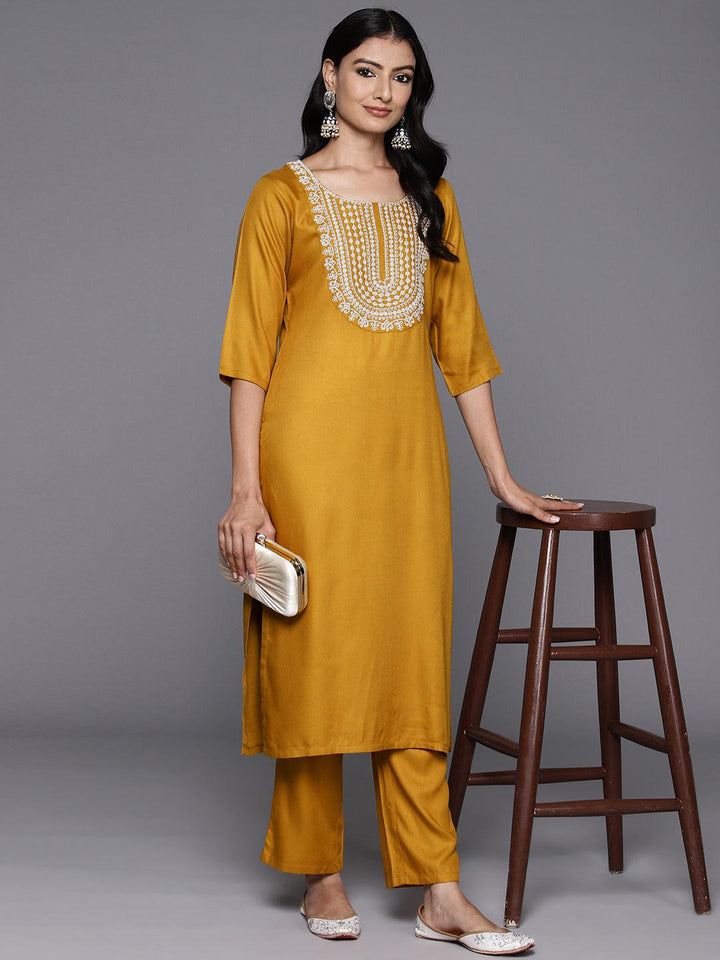 Mustard Yoke Design Wool Blend Straight Kurta With Trousers - Libas