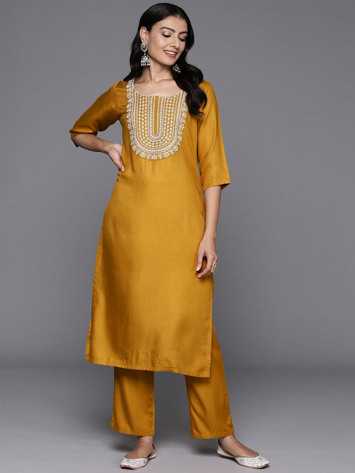 Mustard Yoke Design Wool Blend Straight Kurta With Trousers - Libas