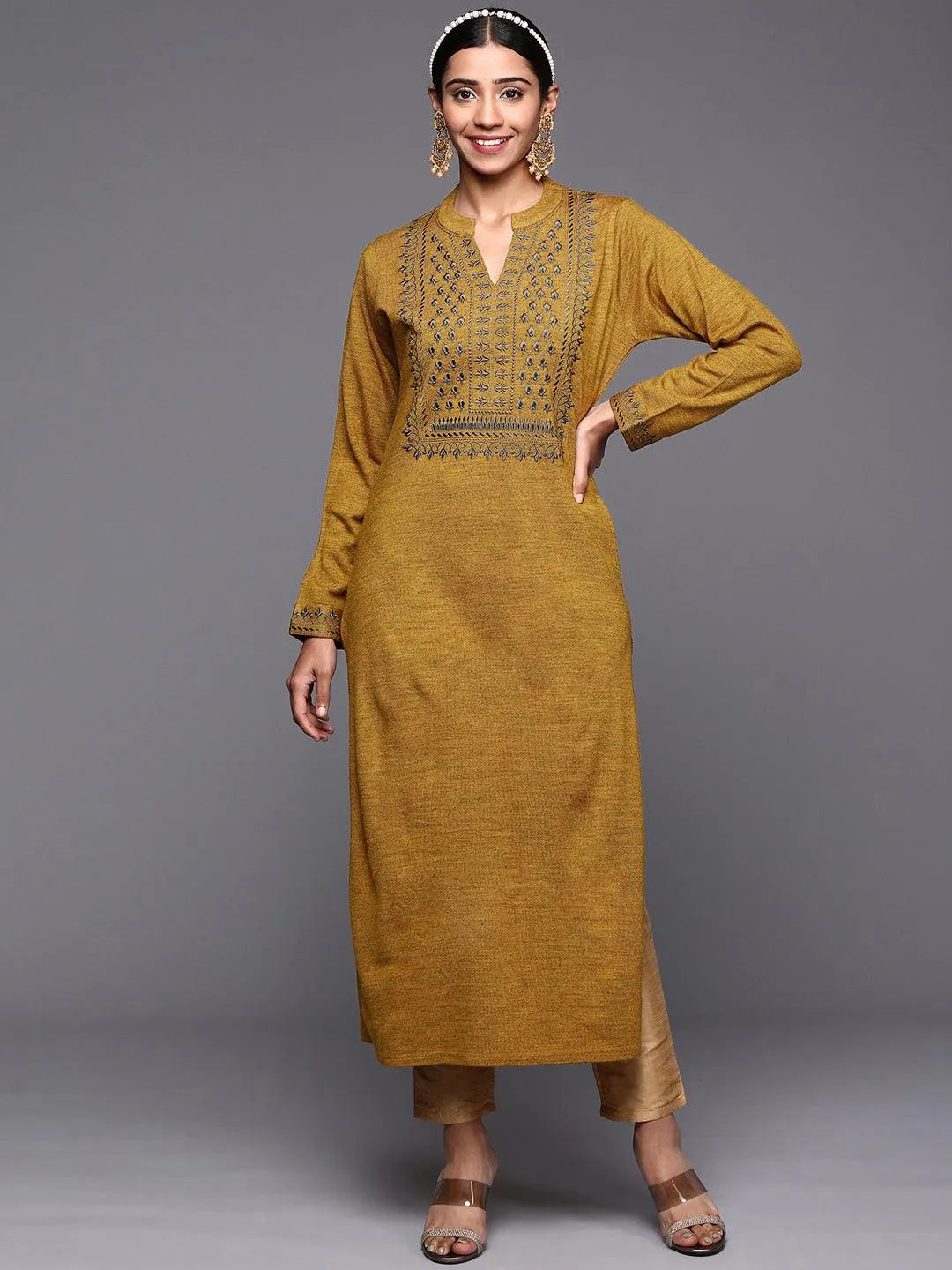 Mustard Yoke Design Wool Straight Kurta - Libas