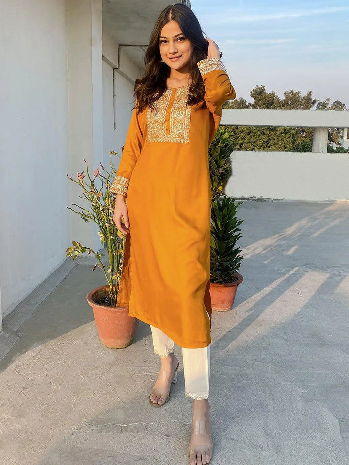 Mustard Yoke Design Wool Straight Kurta - Libas