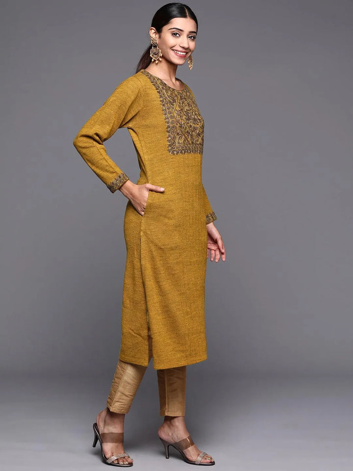 Mustard Yoke Design Wool Straight Kurta - Libas