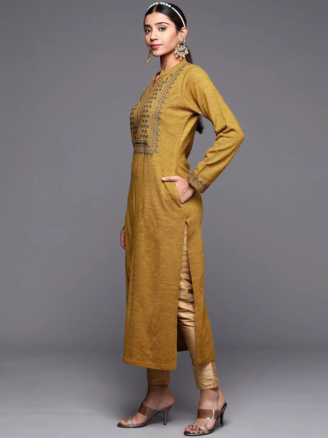 Mustard Yoke Design Wool Straight Kurta - Libas