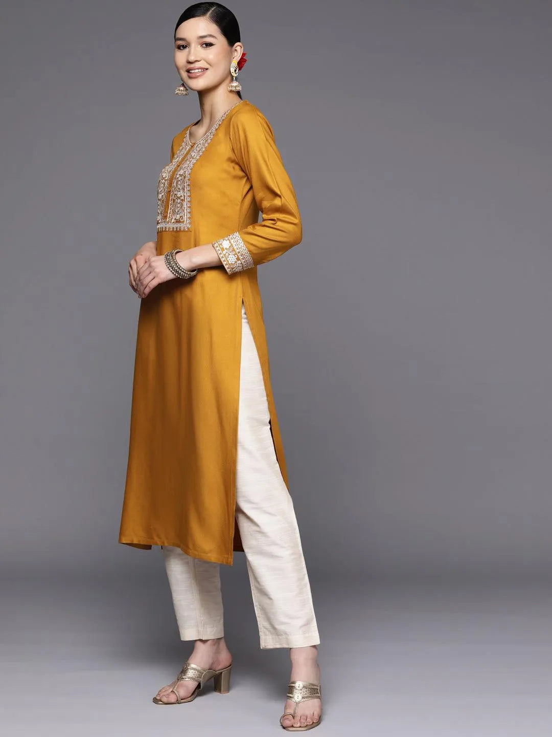 Mustard Yoke Design Wool Straight Kurta - Libas