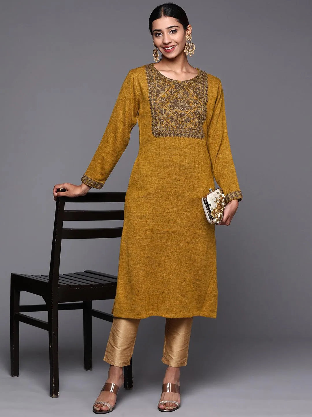 Mustard Yoke Design Wool Straight Kurta - Libas