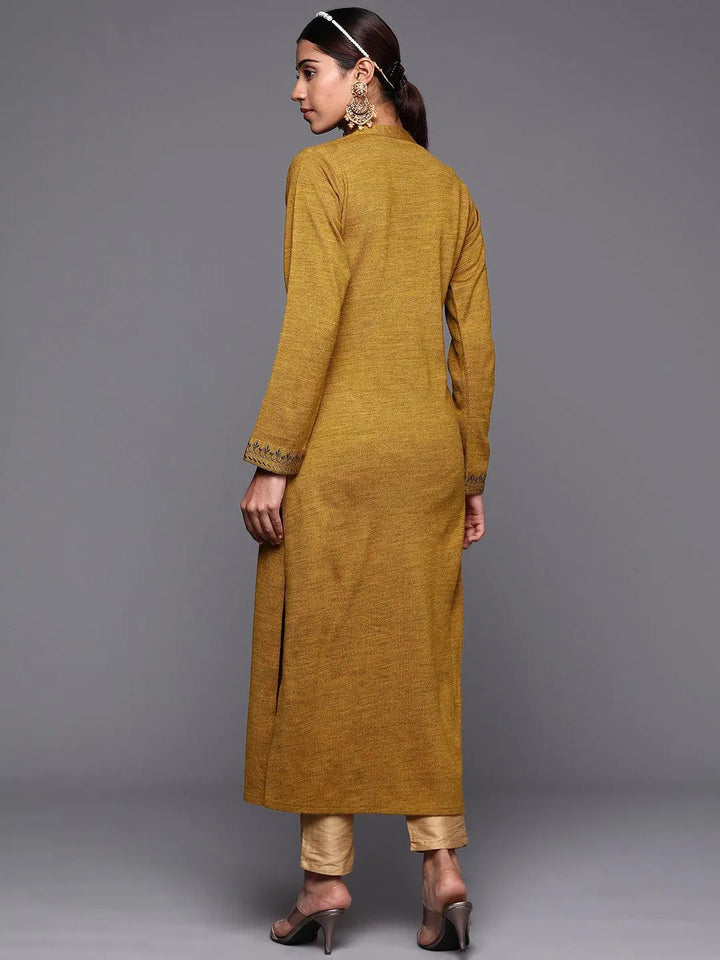 Mustard Yoke Design Wool Straight Kurta - Libas