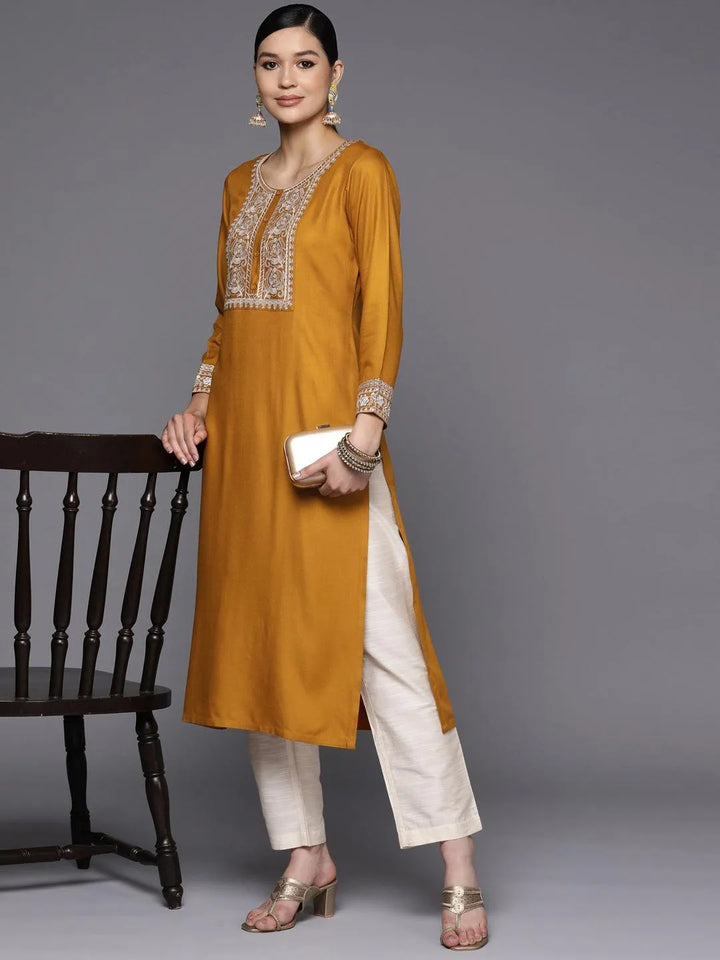 Mustard Yoke Design Wool Straight Kurta - Libas