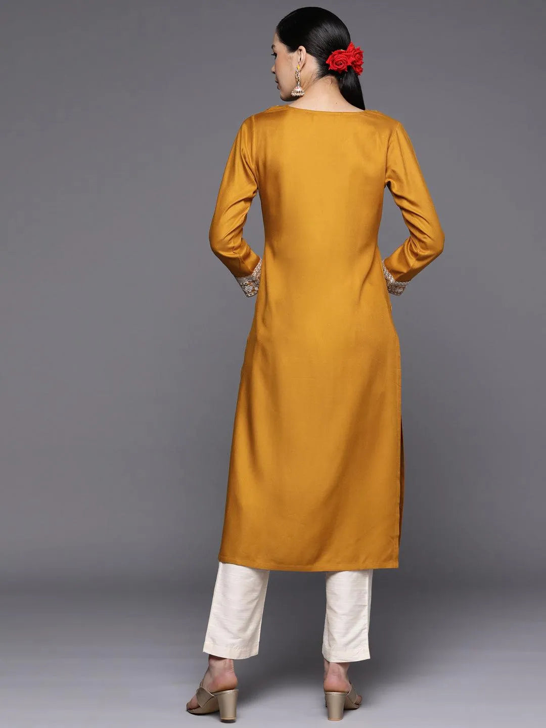 Mustard Yoke Design Wool Straight Kurta - Libas