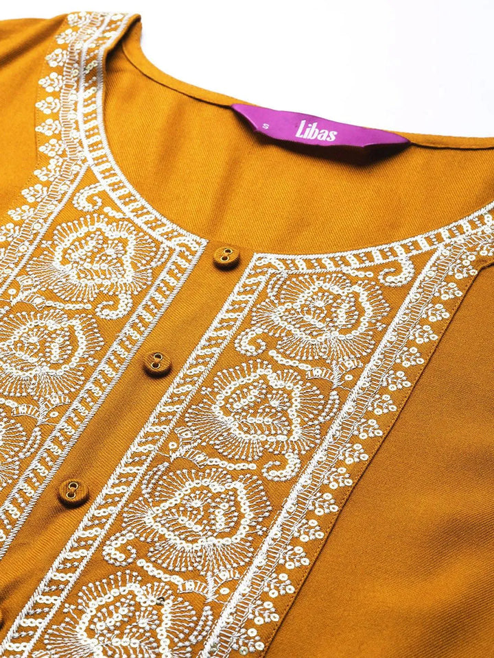 Mustard Yoke Design Wool Straight Kurta - Libas