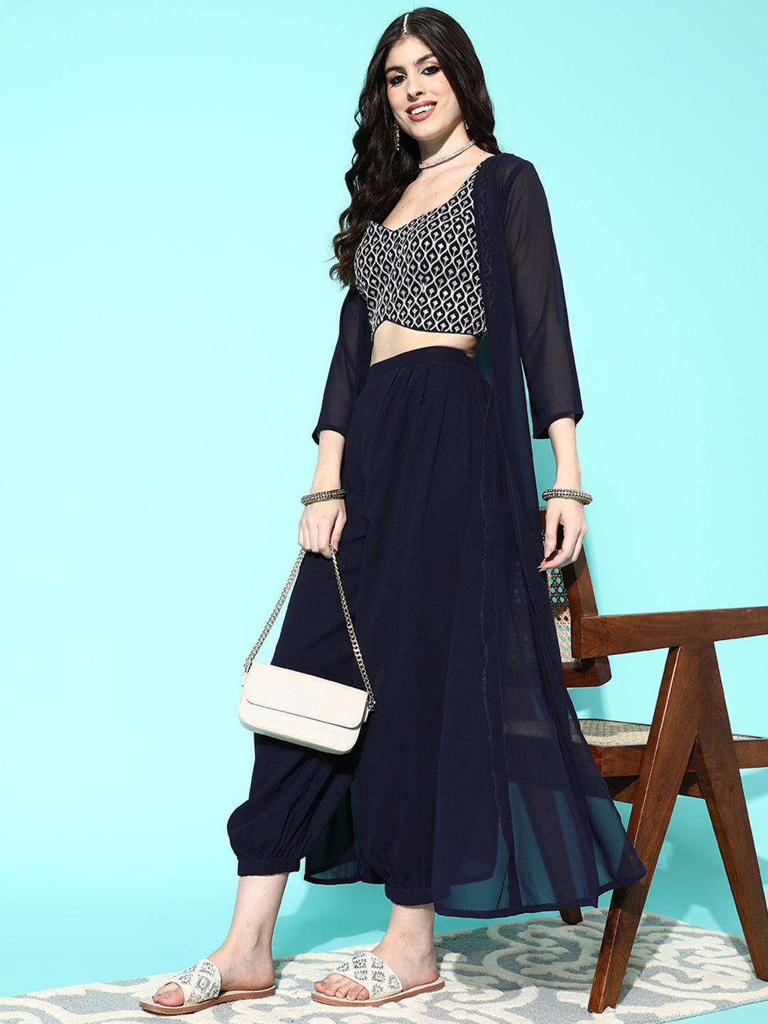 Navy Blue Embellished Georgette Top With Salwar & Shrug - Libas 