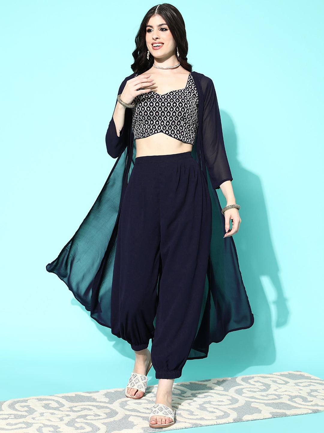 Navy Blue Embellished Georgette Top With Salwar & Shrug - Libas 