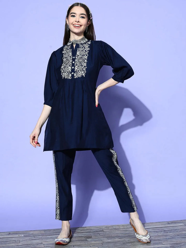 Navy Blue Embellished Silk Blend Tunic With Trousers - Libas