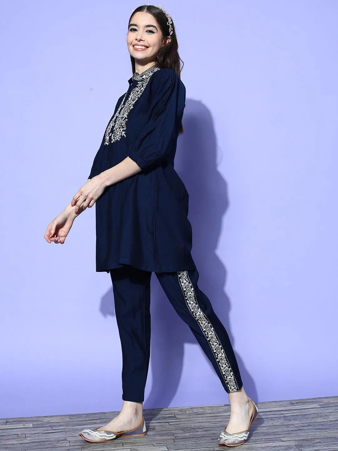 Navy Blue Embellished Silk Blend Tunic With Trousers - Libas