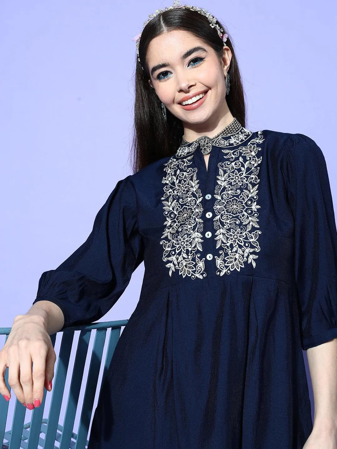 Navy Blue Embellished Silk Blend Tunic With Trousers - Libas