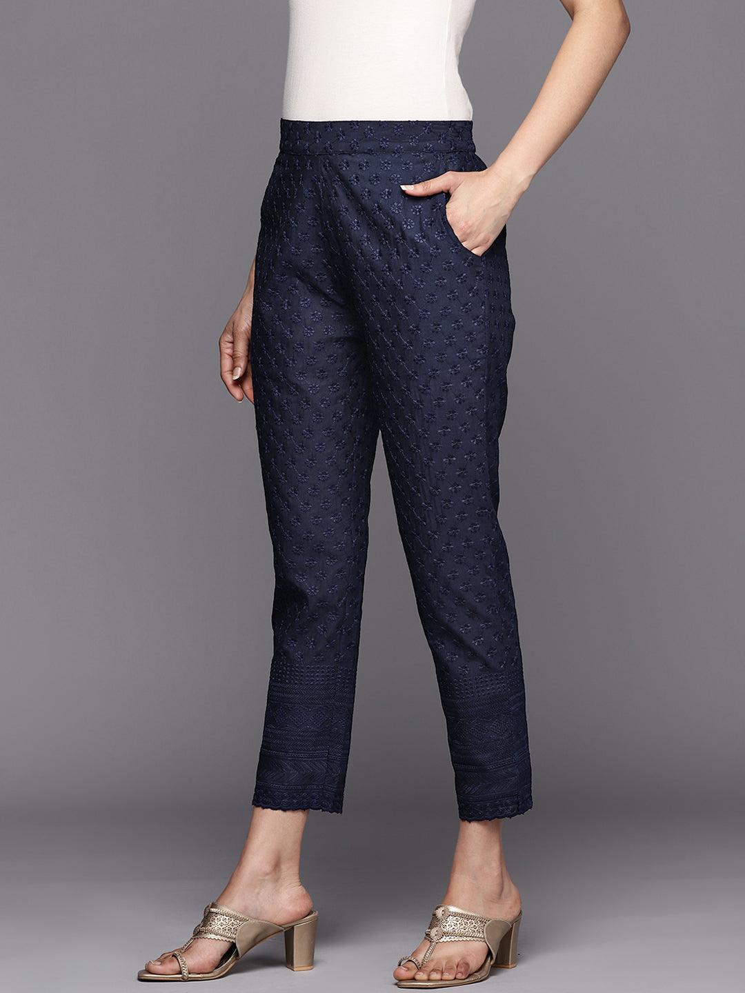 Navy Blue Embroidered Cotton Trousers
