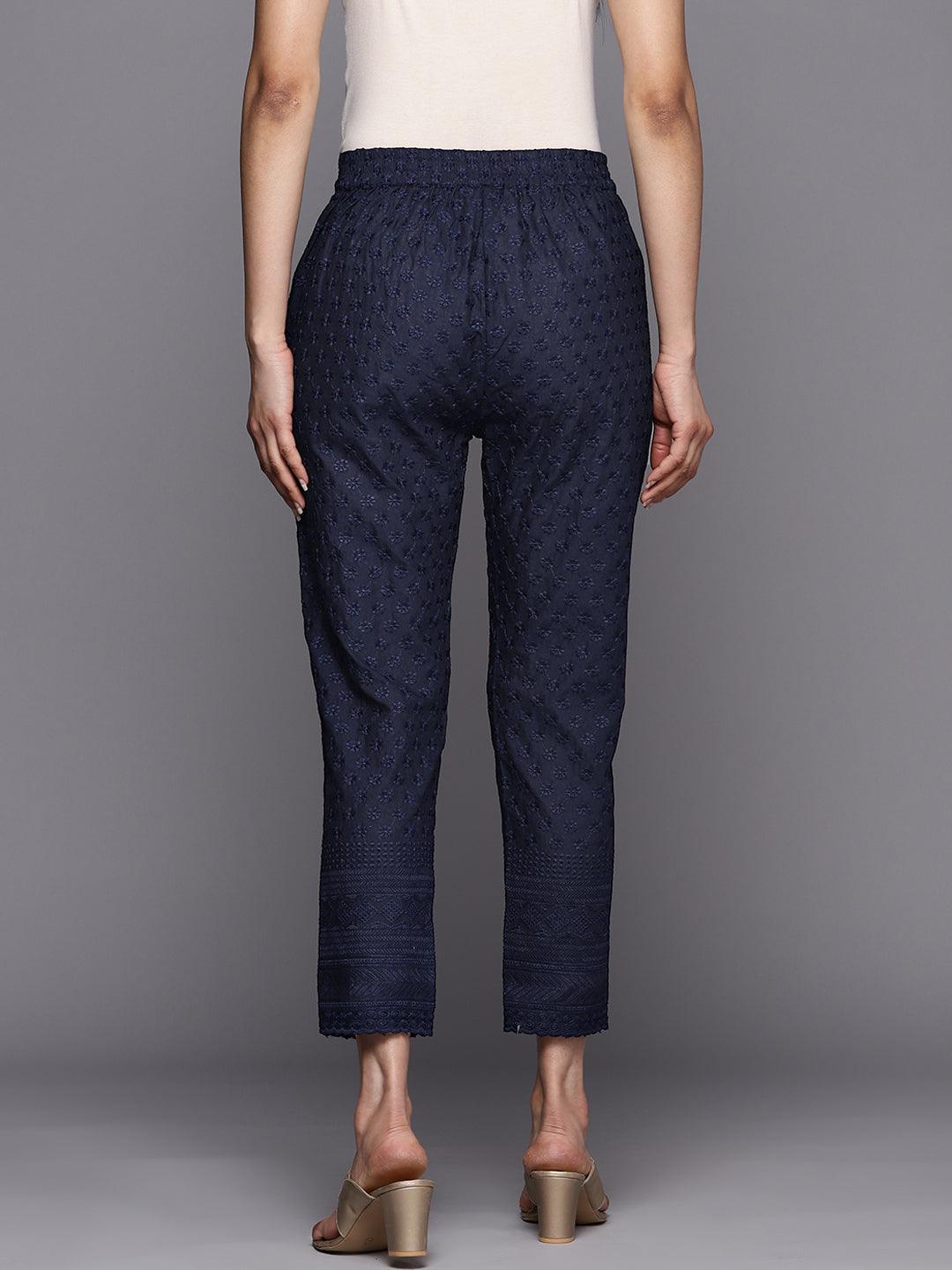 Navy Blue Embroidered Cotton Trousers