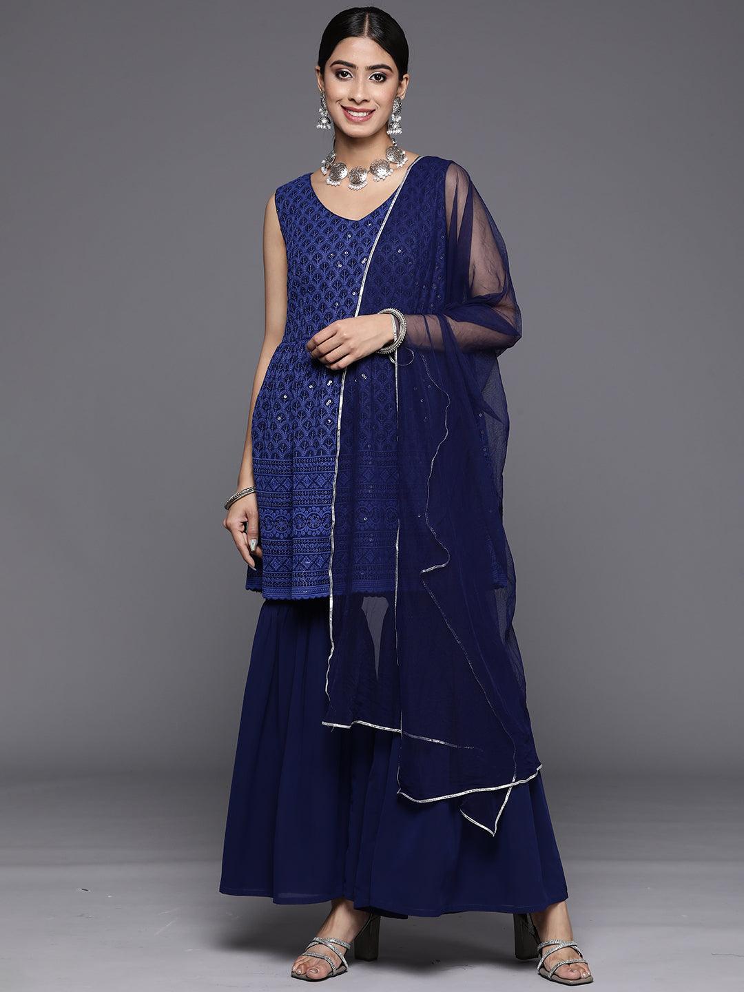 Navy Blue Embroidered Georgette A-Line Suit Set With Sharara - Libas 