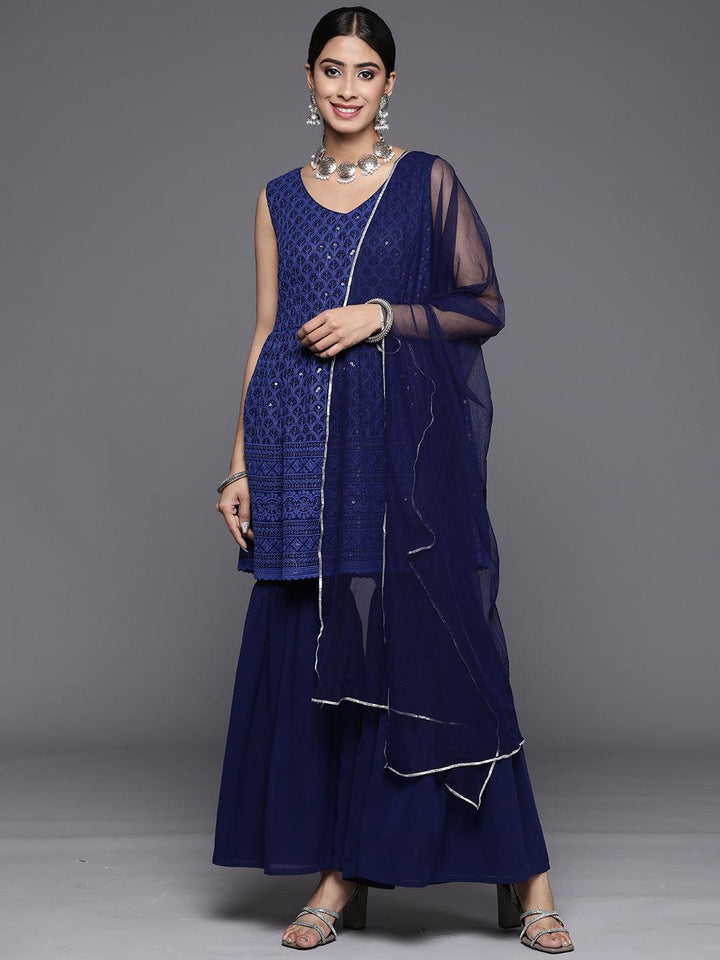 Navy Blue Embroidered Georgette A-Line Suit Set With Sharara - Libas