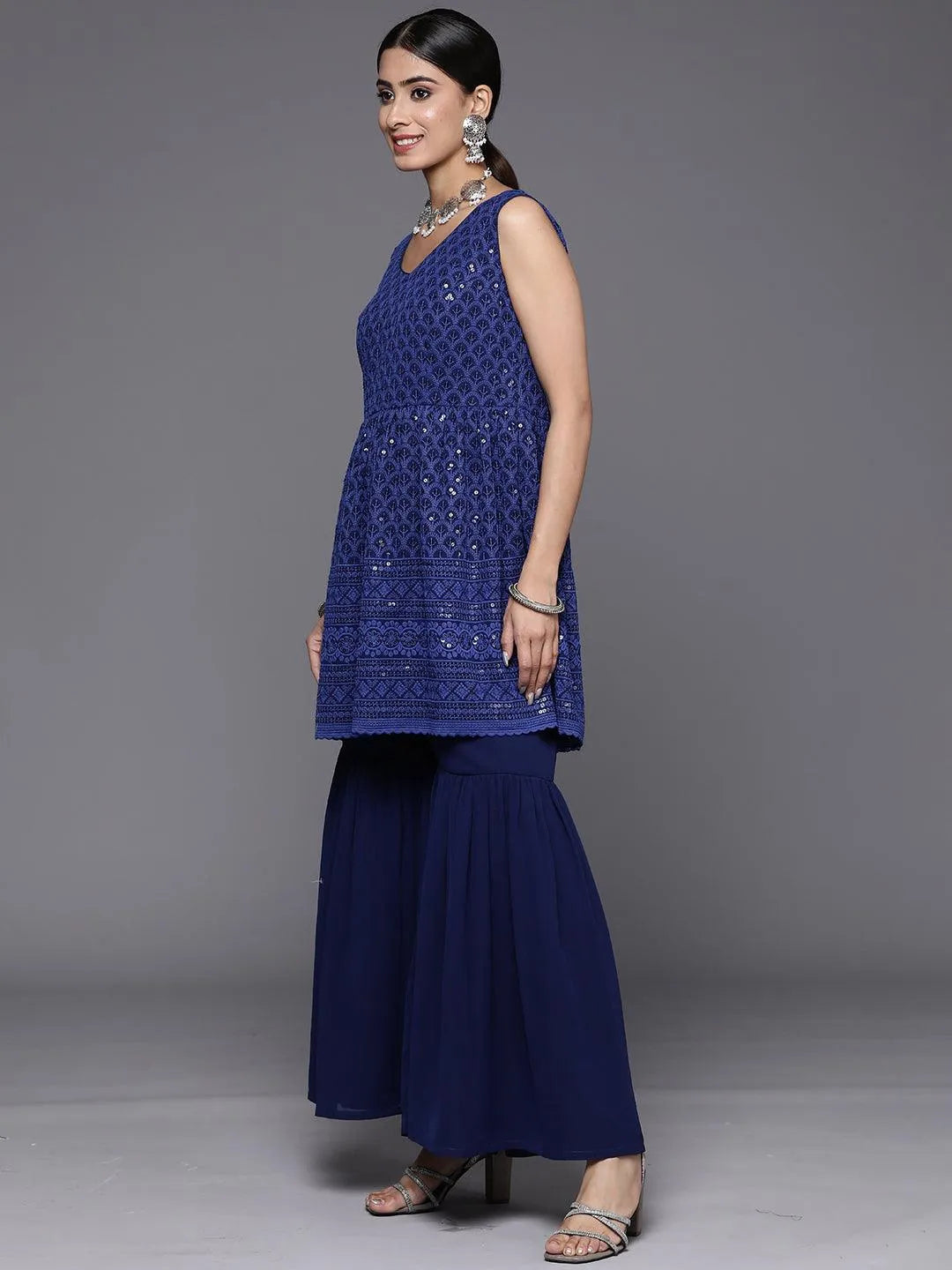 

Navy Blue Embroidered Georgette A-Line Sharara Suit Set With Dupatta