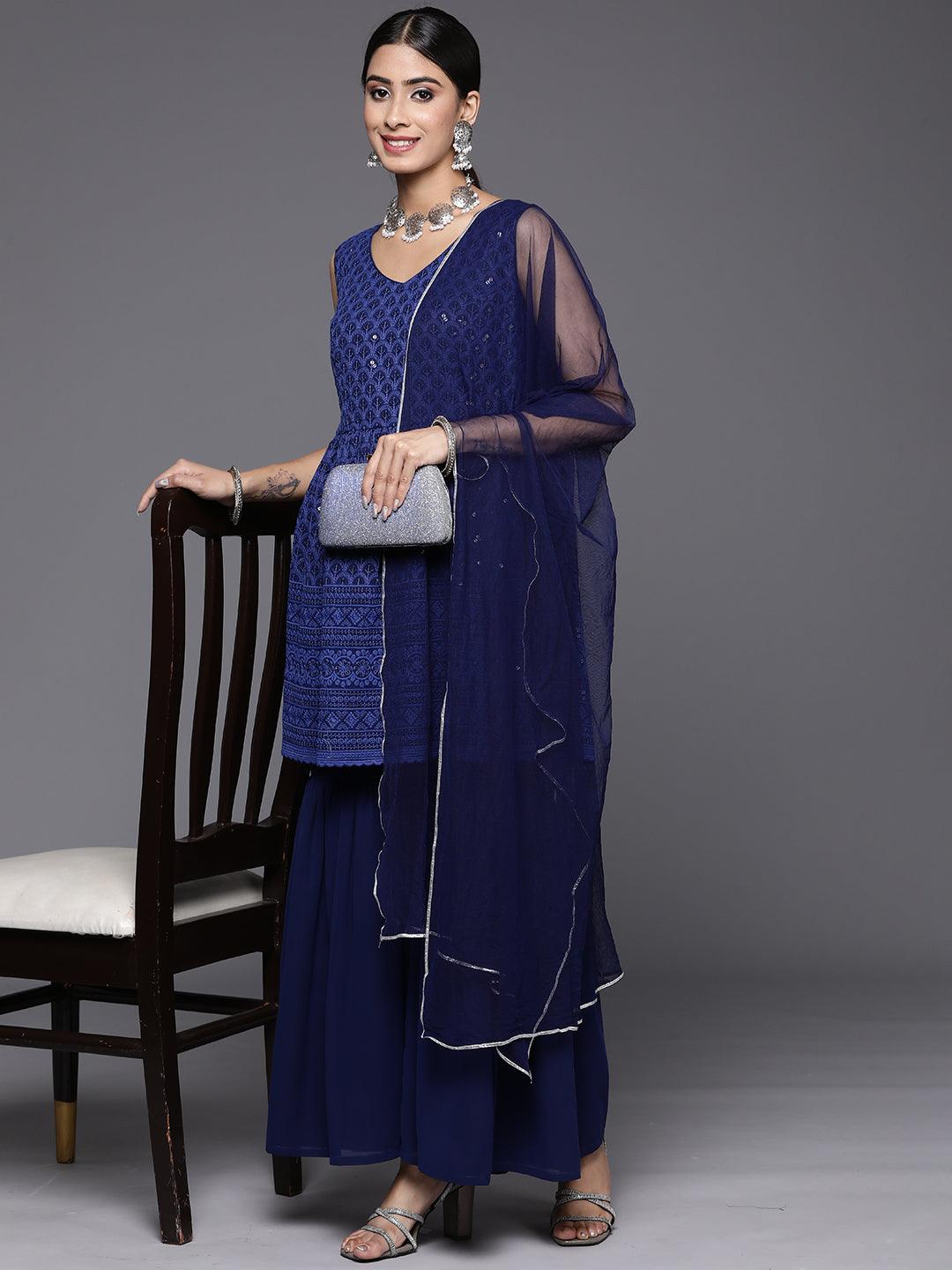 Navy Blue Embroidered Georgette A-Line Suit Set With Sharara - Libas 