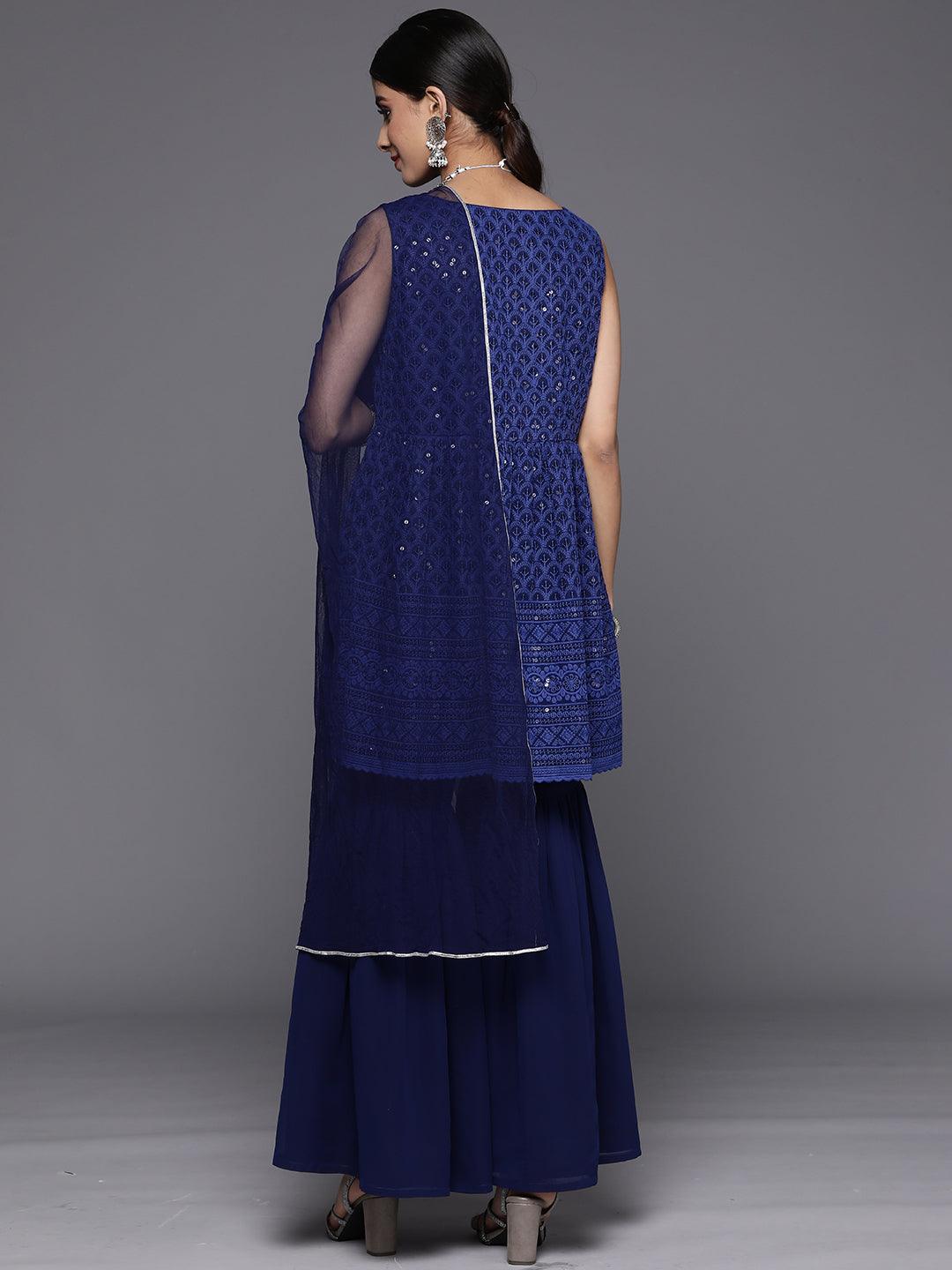 Navy Blue Embroidered Georgette A-Line Suit Set With Sharara - Libas 