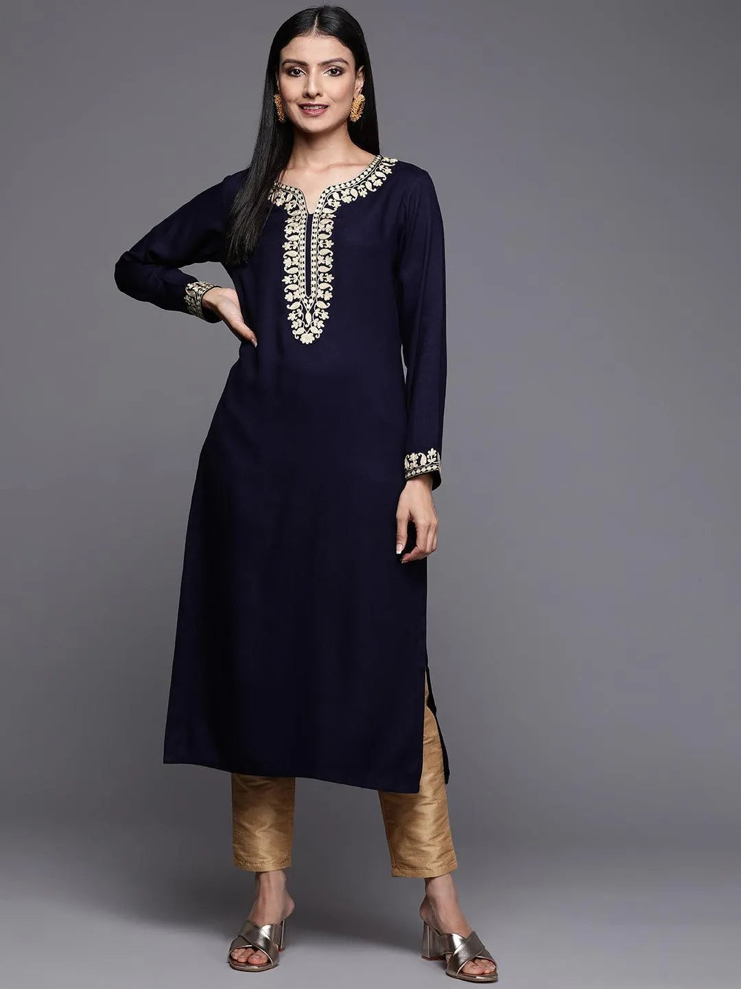 Navy Blue Embroidered Pashmina Wool Straight Kurta - Libas