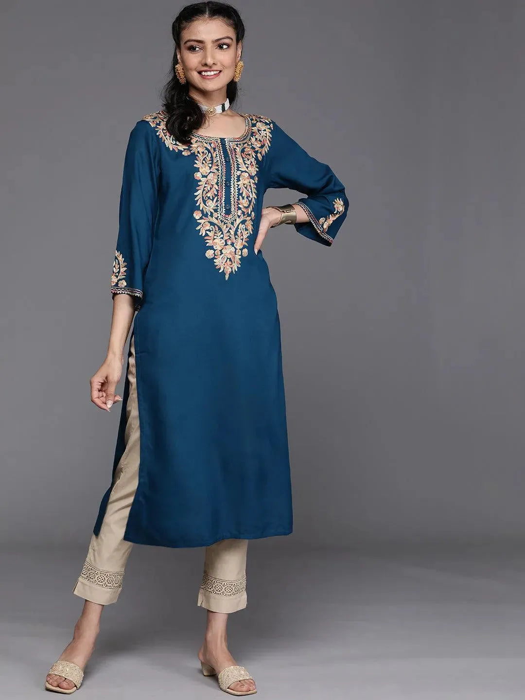 

Navy Blue Embroidered Rayon Kurta