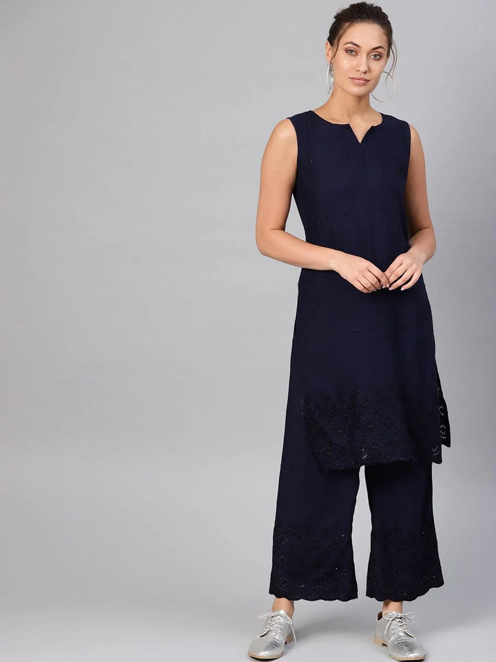 Navy Blue Embroidered Rayon Kurta Set - Libas