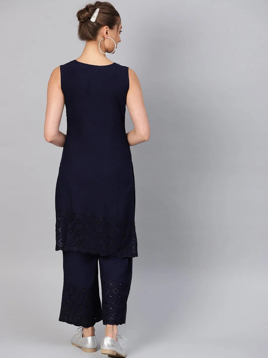 Navy Blue Embroidered Rayon Kurta Set - Libas