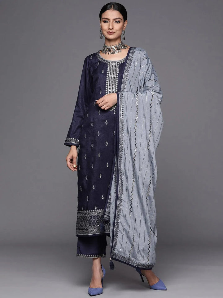 Navy Blue Embroidered Silk Blend Straight Suit Set - Libas