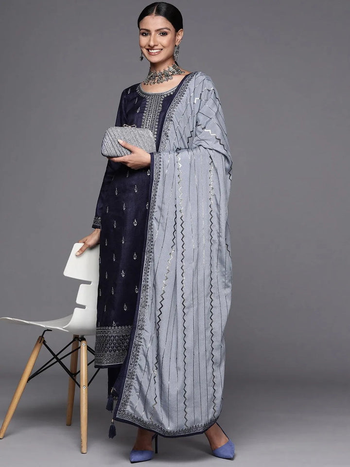 Navy Blue Embroidered Silk Blend Straight Suit Set - Libas