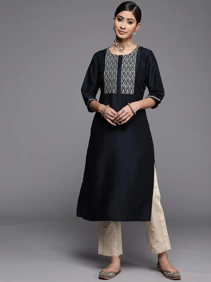 Navy Blue Embroidered Silk Kurta - Libas